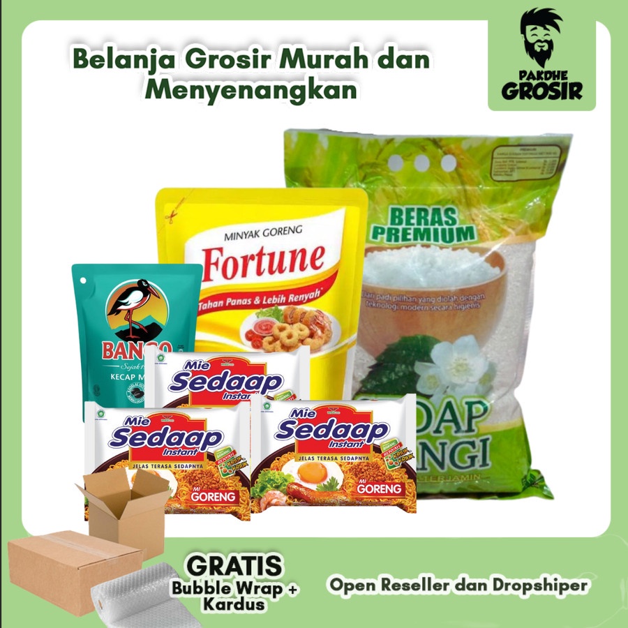 

PAKET SEMBAKO - Beras 5kg + Mie Instan 3pcs + Kecap 210ml + Minyak 2L