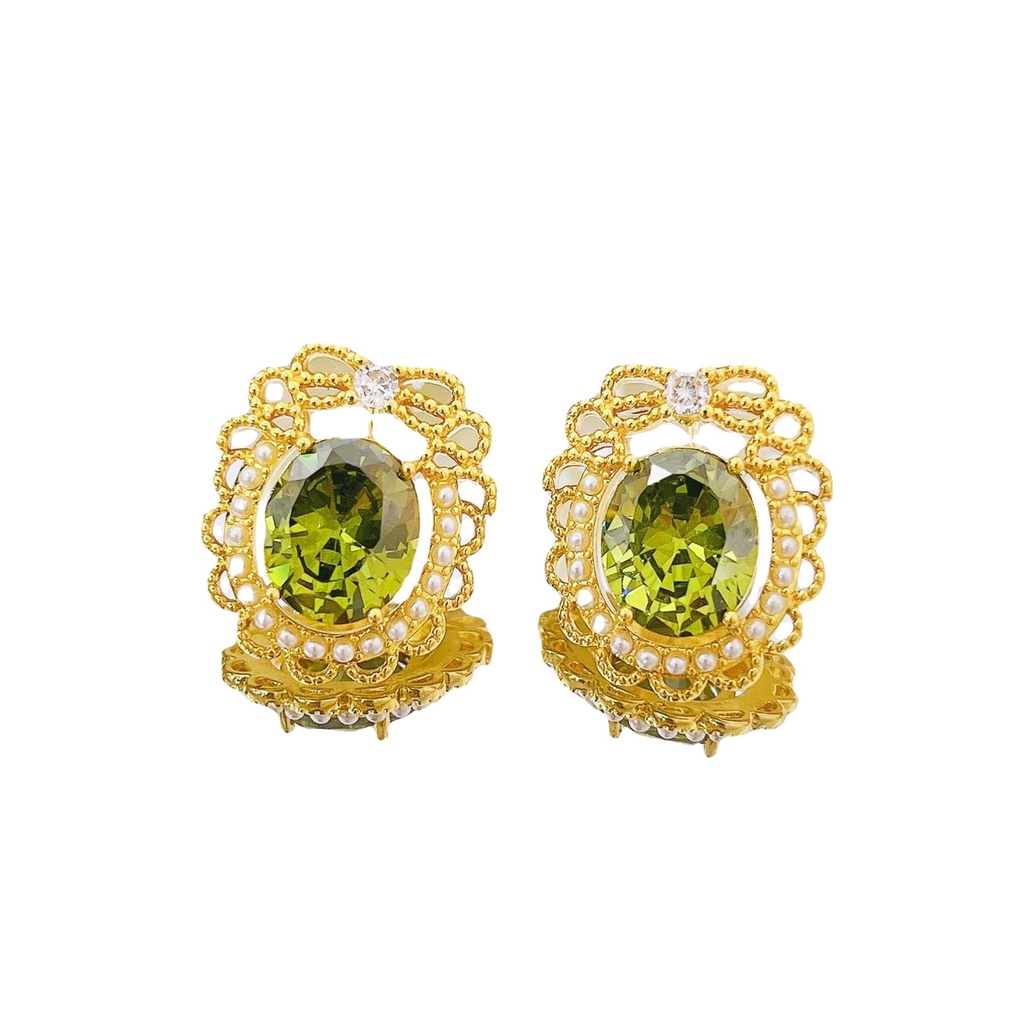 LUSH Goldkingdom Aksesoris Perhiasan Fashion Ready Stock Windsor Estate Olive Green Stud French Retro Elegan Hutan Rimbun Hijau Austria Kristal Mutiara Stud