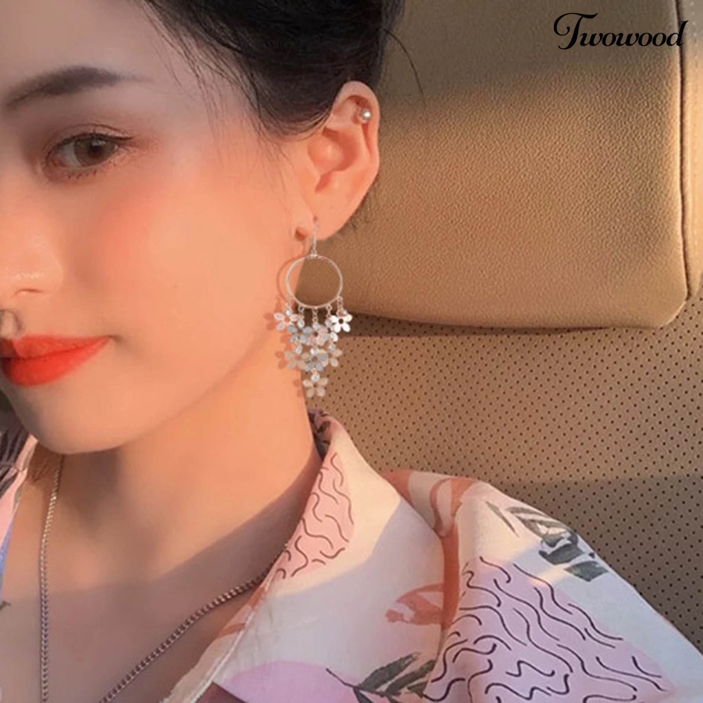 Twowood 1pasang Menjuntai Anting Bunga Dreamcatcher Desain High Gloss Cubic Zirconia Glitter Berdandan Temperamen Bohemian Rumbai Drop Earrings Perhiasan Aksesori