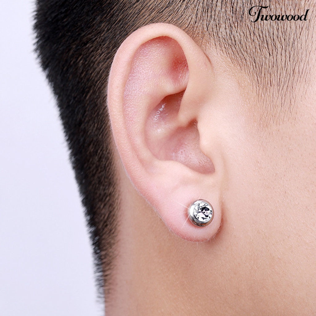 Twowood 1pasang Ear Studs Non-Piercing ic Stainless Steel Bulat Berwarna Berlian Imitasi Tertanam Pria Wanita Anting-Anting Perhiasan Fashion