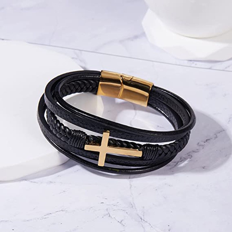 Cross-border DIY Gelang Laser Fashion Gelang Tali Kulit Paduan Tiga Lapis Dikepang Pria Multi-Layer Gelang Kulit