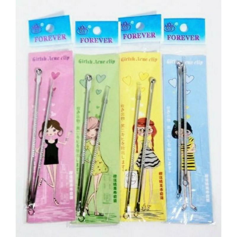 pencet jerawat tusuk jewarat pembersih komedo set 2 in 1 girlish acne clip tusuk komedo