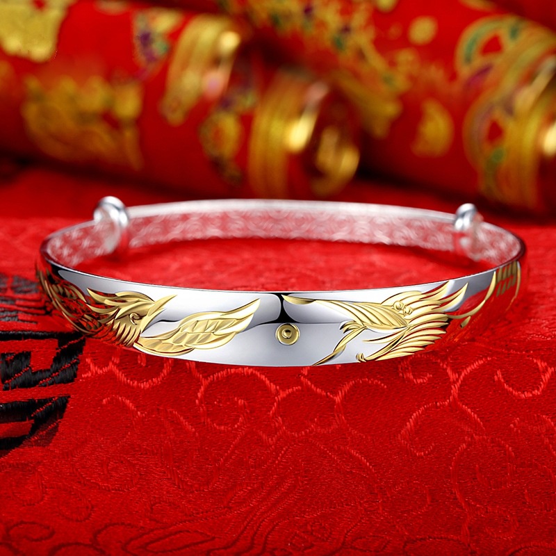Goldkingdom Fashion Perhiasan Aksesoris Ready Stock 10mm Terbuka Dapat Disesuaikan Mobil Bunga Naga Dan Phoenix Gelang Vera Two-tone Gelang Hadiah Hari Ibu Perhiasan Untuk Ibu