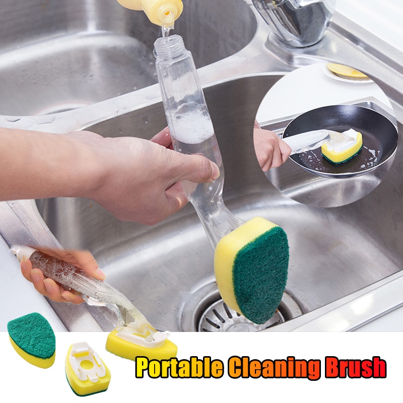 ღ Dapur Spons Sikat Pembersih dengan Cair Isi Ulang Menangani Scouring Pad Sponge Sikat Sponge Sikat Dispenser Dish Pot Mencuci alat