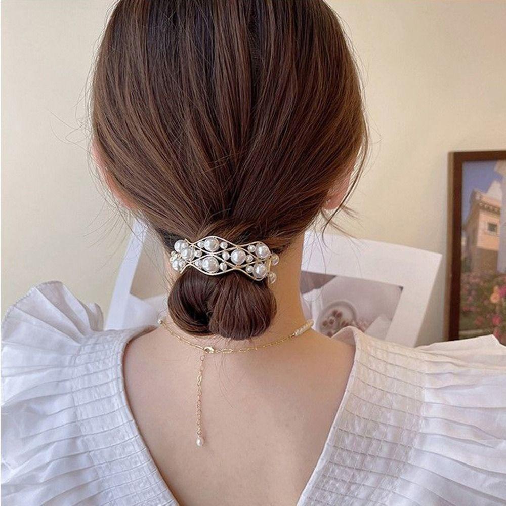 NEEDWAY Needway Ponytail Hair Clip Lucu Kreatif Elegan Mutiara Bakso Kepala Berlian Ponytail Holder Tinggi Ponytail Fixed Clip Untuk Wanita Hair Bun Fixed Clip