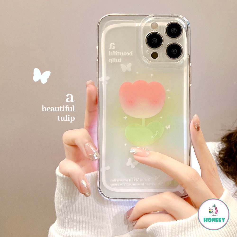 IPHONE Fashion Laser Bunga Tulip Shiny Butterfly Back Shell Untuk Iphone14 13 Pro Max Xr Xsmax X12 11 Promax7 8 Plus Casing Ponsel