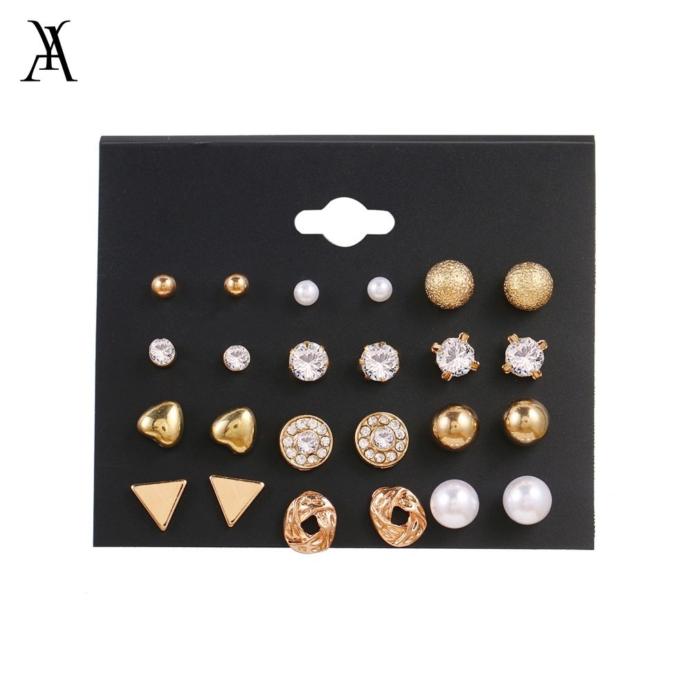 AY(CN) 12 Pasang / Set Anting Stud Mutiara Berlian Bentuk Hati Geometris Warna Silver Untuk Aksesoris Wanita