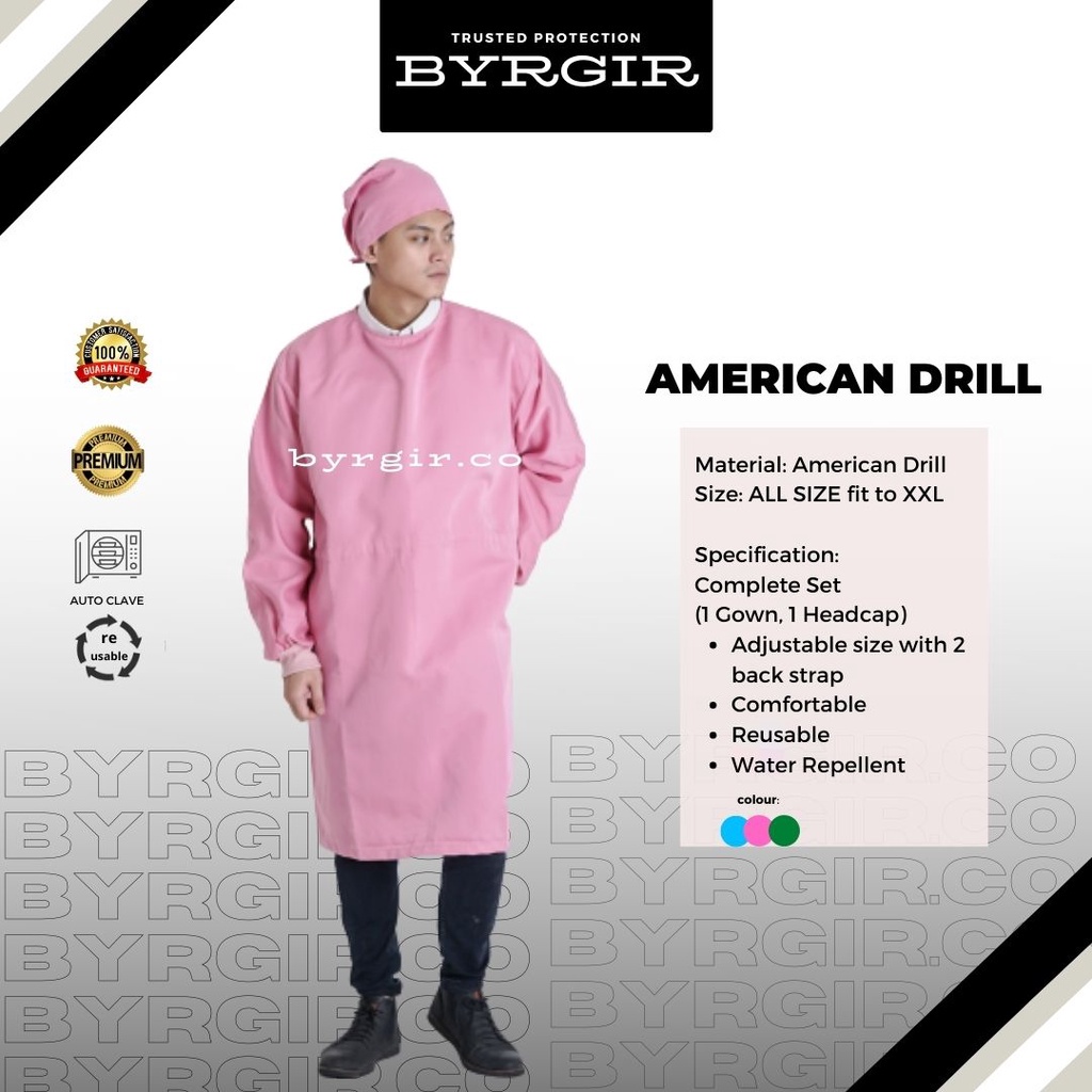 BYRGIR American Drill Reusable Surgical Gown APD Set Baju OKA Katun Operasi Dokter OK Lengan Panjang