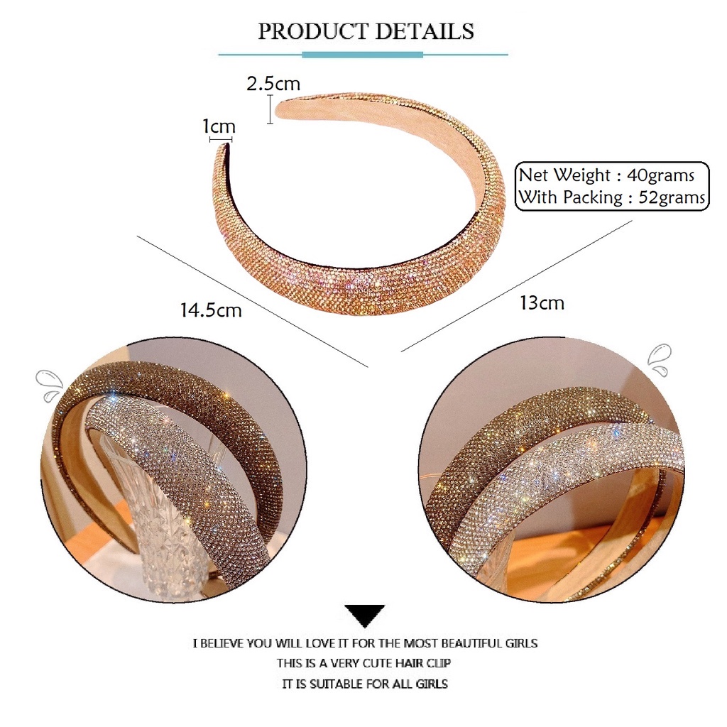 Bando Korea 2.5cm Impor dengan Aksen Kristal Permata Lucu Korean Crystal Headband Aksesoris Wanita