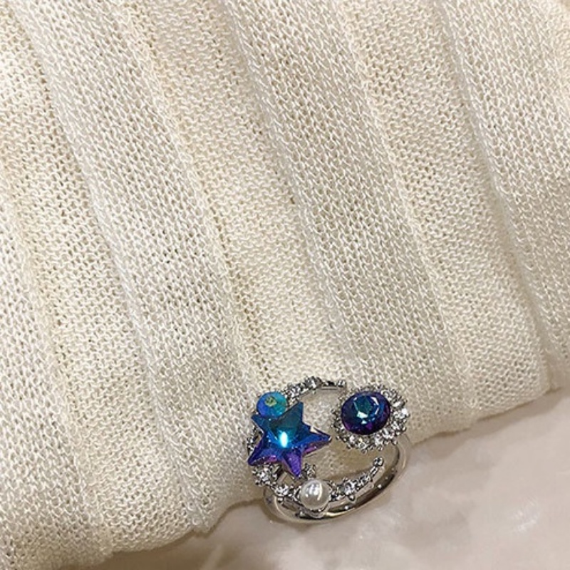 Cincin Planet Biru Mengkilap Niche Aksesoris Mahasiswa Elegan Rempah Gadis Pesta Bintang Pembukaan Cincin Mewah Mutiara Dan Berlian Ring