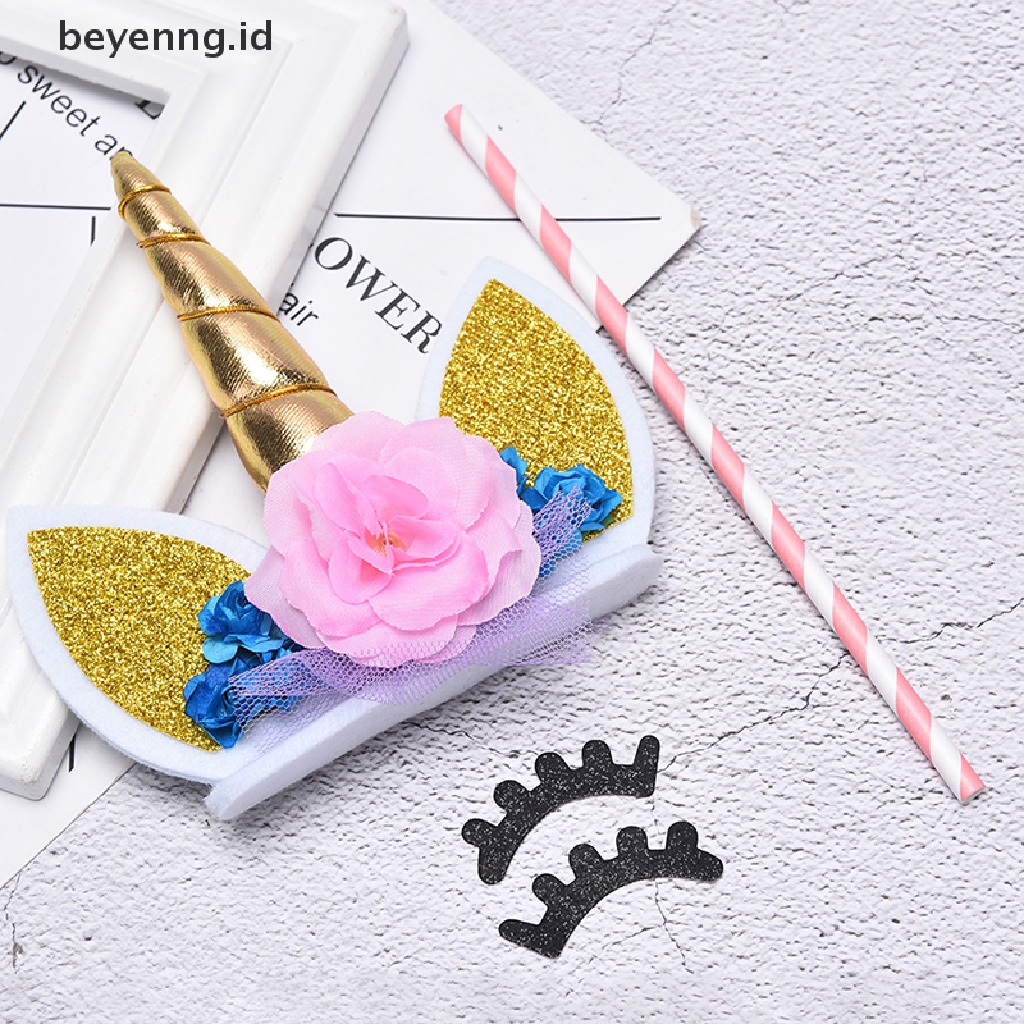 Beyen 3pcs/Set Unicorn Horn Eyelashes Birthday Cake Topper Decor Party Ornament Prop ID
