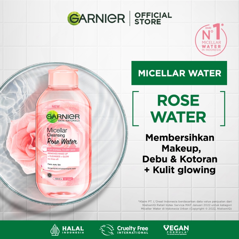 Garnier Micellar Rose Water Cleanse & Glow Skin Care 125ml  (Make Up Remover Dengan Air Mawar)