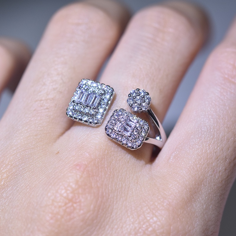 Goldkingdom Aksesoris Perhiasan Fashion Ready Stock Kreatif Persegi Penuh Berlian Cincin Perak Berlapis Cincin Pertunangan