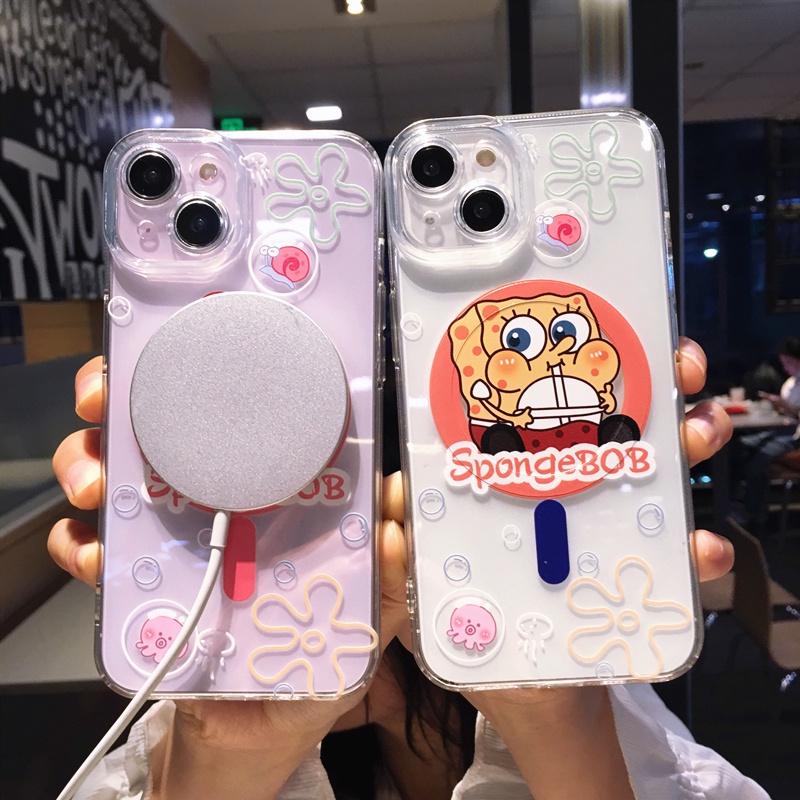 IPHONE Untuk Iphone14 13 12 11 Pro Max Ponsel Transparan Magnetik Soft case Kartun Lucu Spongebob