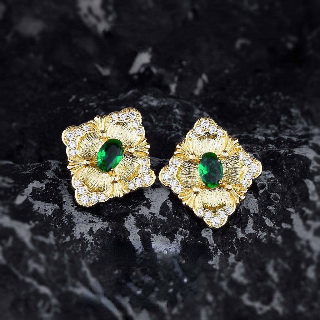 Goldkingdom Aksesoris Perhiasan Fashion Ready Stock Bratti Itali Craft Jewelry Retro Panjshir Emerald Perempuan Ear Studs