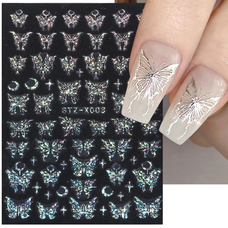 Laser Kupu-Kupu Perak Manicure Sticker/Hologram Reflektif Bintang Bulan Hollow-out Nail Decal