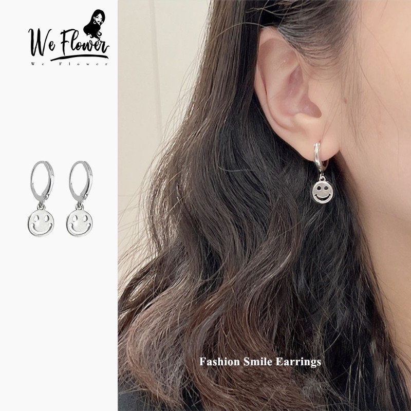 Kami Bunga Punk Perak Lucu Smiley Face Kecil Hoop Earrings Untuk Wanita Pria Unisex Fashion Wajah Bahagia Menjuntai Anting-Anting Trendi Hypoallergenic Telinga Perhiasan Hadiah