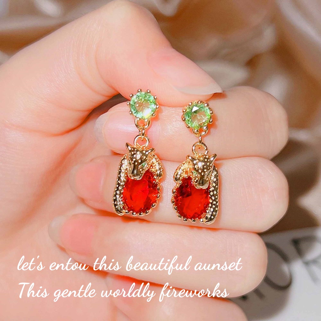 Goldkingdom Fashion Perhiasan Aksesoris Ready Stock Medieval Vintage Merah Berlian Leopard Anting Vintage Peluk Ruby Earrings Anting Panjang