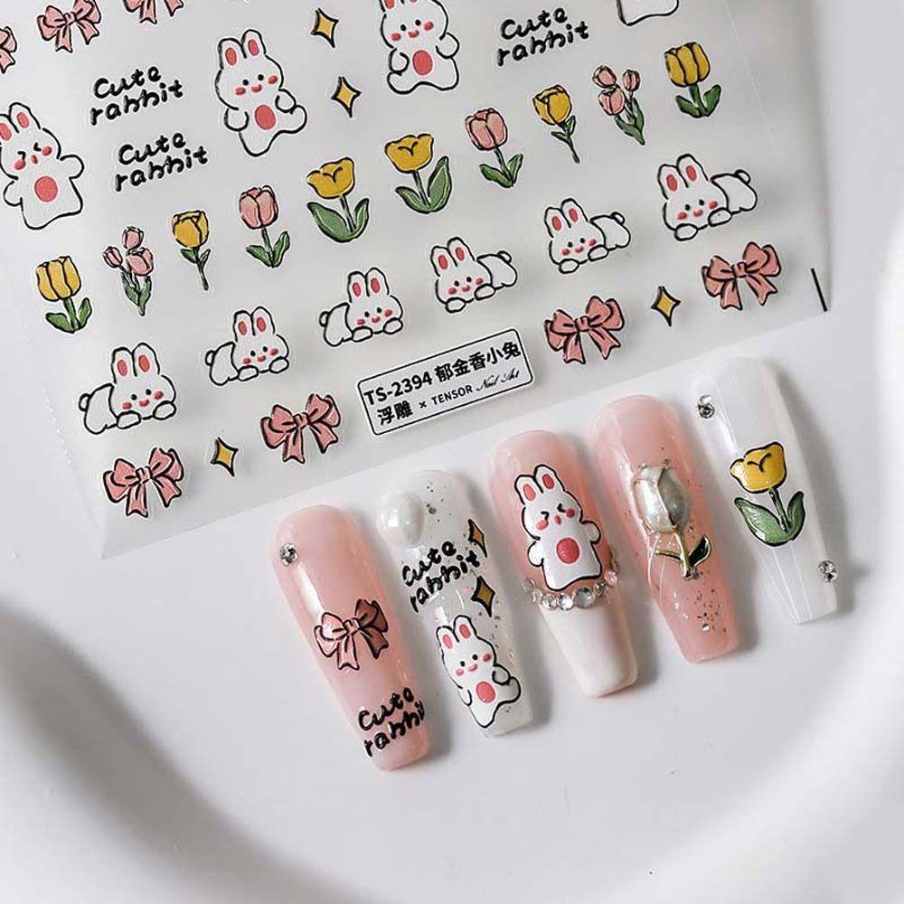 Mxbeauty Stiker Kuku Kartun Hewan Kelinci Jepang Lucu Tulip Cherry Dekorasi Kuku