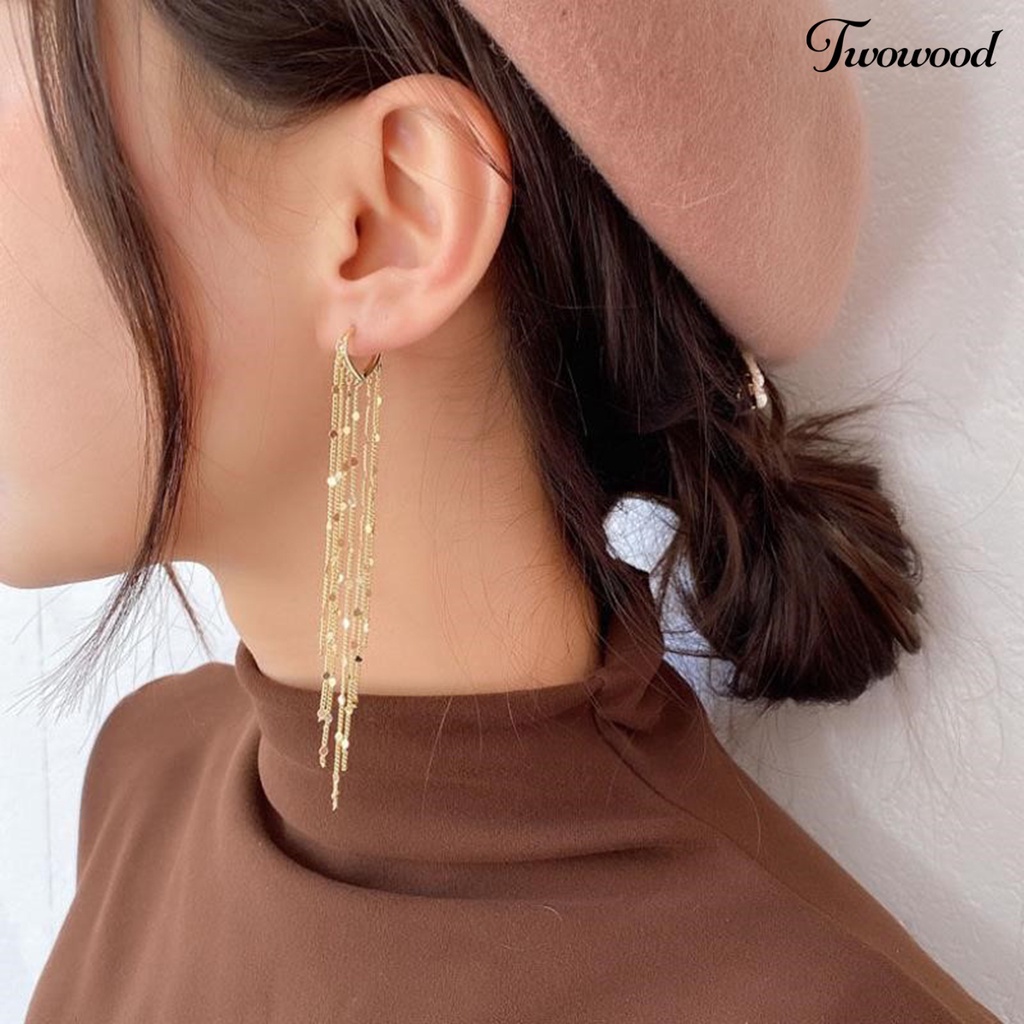 Twowood 1pasang Drop Earrings Bohemian Temperamen Payet Bentuk Hati Geometris Hias Hadiah Wanita Panjang Logam Rumbai Pesona Anting Perhiasan Pernyataan Fashion