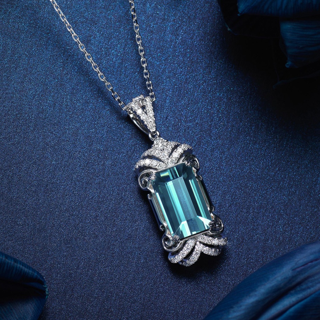 Goldkingdom Fashion Perhiasan Aksesoris Ready StockLive Ledakan Pt950 Colorful Tourmaline Pendant Atmosfer Fashion Elegan London Blue Topaz Kalung