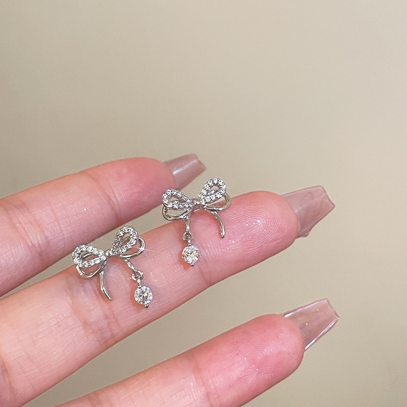 Papaozhu Chic Bersinar Zirkon Busur Stud Anting Kalung Untuk Wanita Gadis Bergaya Berongga Berkilau Ikatan Simpul Anting Temperamen Perhiasan Leher