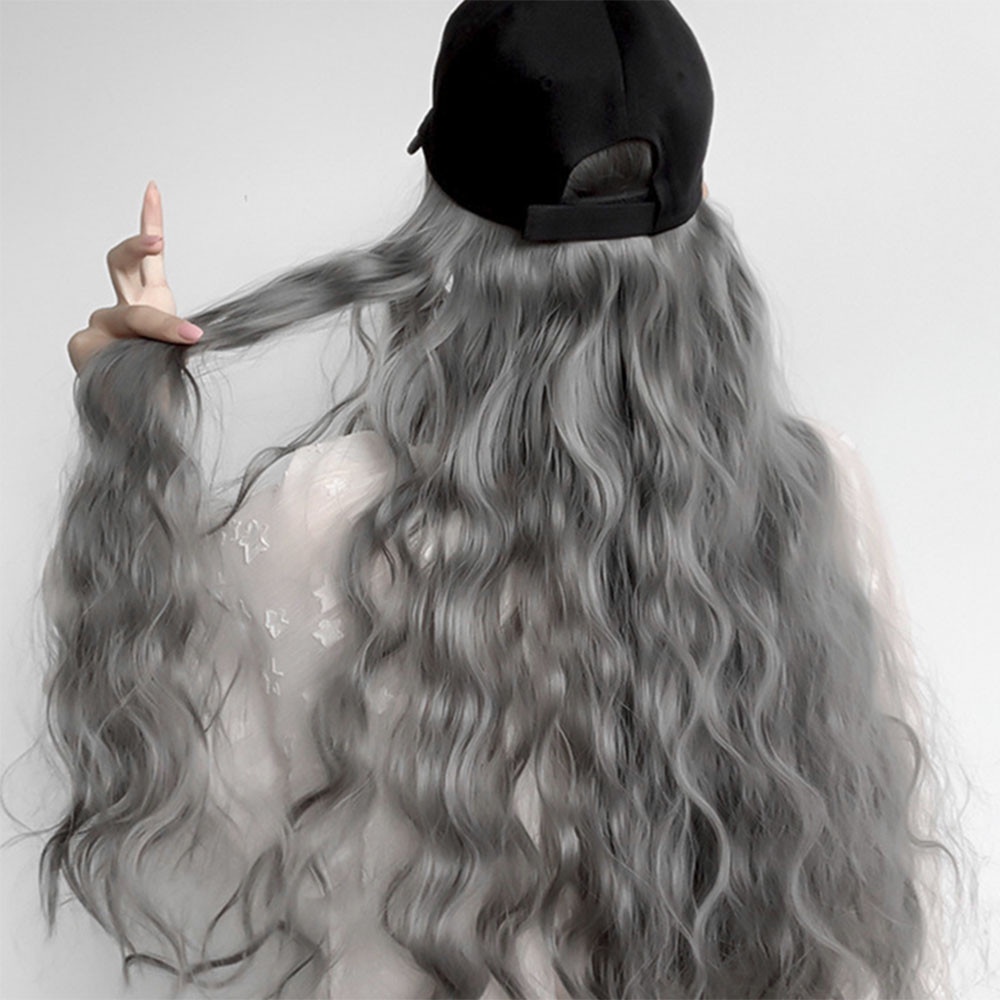 Korea Wig Panjang Topi Baseball One-piece Curly Wig Wanita Perempuan Besar Bergelombang Ekstensi Rambut 65cm