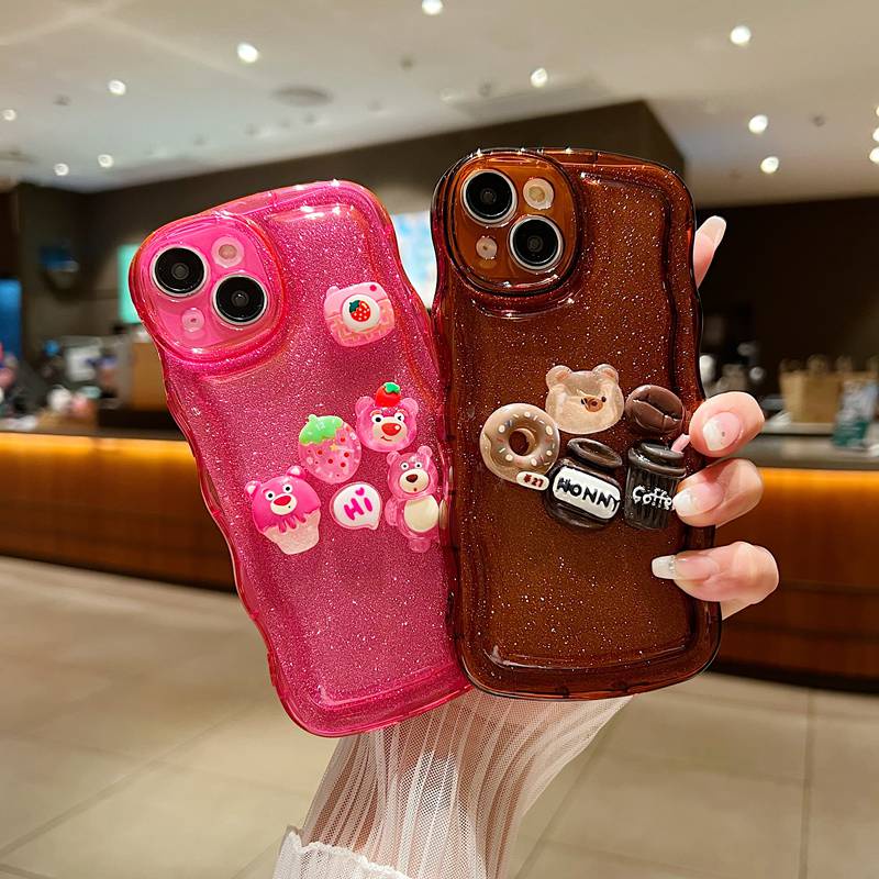 【Wave Doll】Cute LOTSO Soft Case iPhone X XR XS Max 11 12 13 14 Pro Max Strawberry Bear Cartoon Clear Phone Case Camera Protect Pink