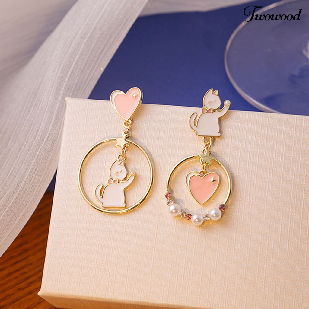 Twowood 1pasang Anting Pejantan Jepang Korea Gaya Berongga Cincin Berlian Imitasi Mutiara Imitasi Hadiah Menyenangkan Kartun Kucing Cinta Hati Gadis Drop Earrings Fashion Perhiasan