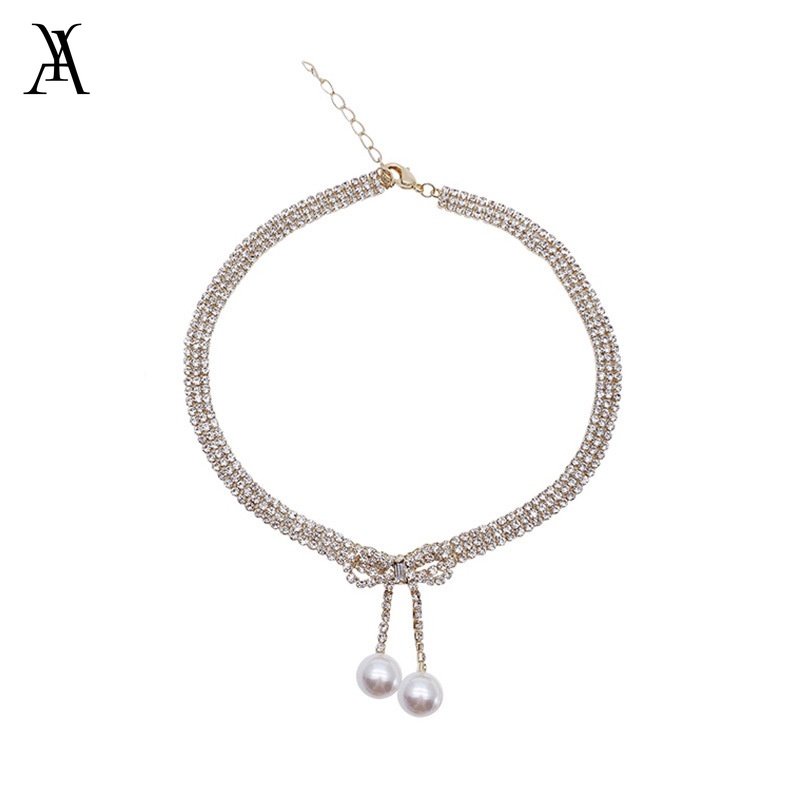 AY(CN) Kalung Klavikula Kristal Mutiara Mewah Busur Choker Rantai Silver Untuk Aksesoris Perhiasan Wanita