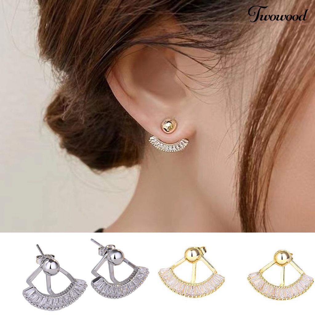 Twowood 1pasang Anting Tusuk Bergigi Dua Cara Memakai Berlian Imitasi Berbentuk Kipas Elegan Dekorasi Aksesori Manik Bulat Wanita Ear Studs Untuk Pacaran