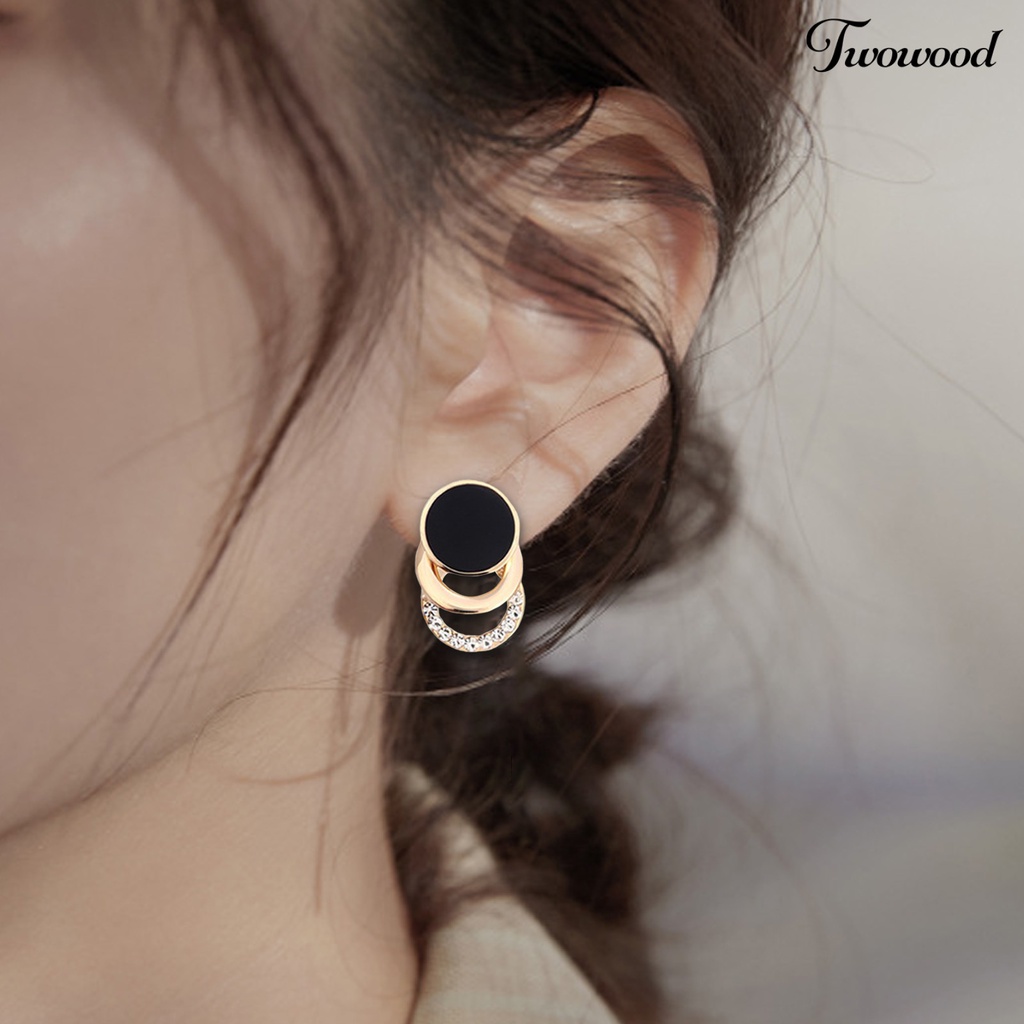 Twowood 1pasang Ear Studs Multi-layer 3cincin Bulat Lingkaran Hitam Hadiah Fashion Perhiasan Berlian Imitasi Berkilau Wanita Anting Untuk Harian