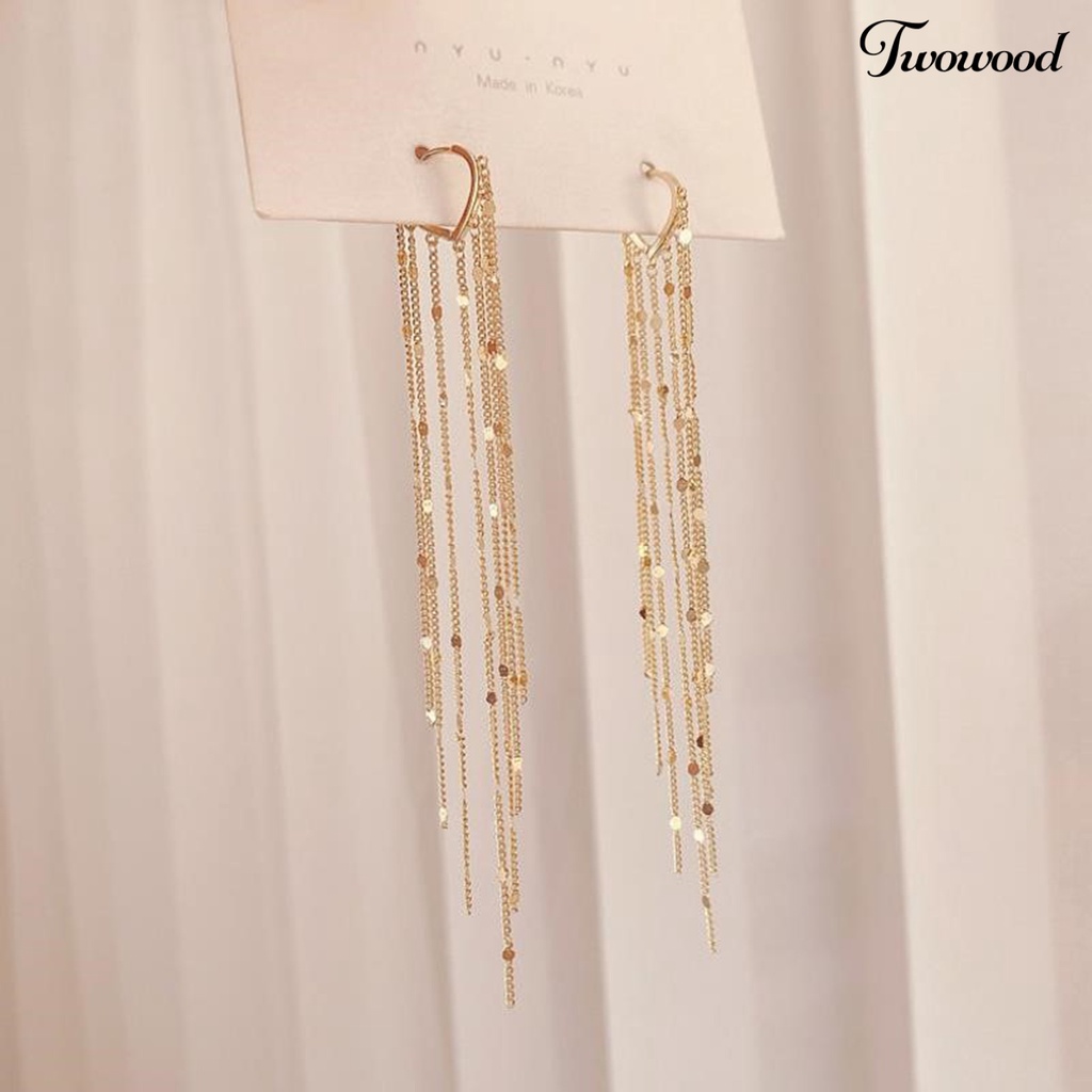 Twowood 1pasang Drop Earrings Bohemian Temperamen Payet Bentuk Hati Geometris Hias Hadiah Wanita Panjang Logam Rumbai Pesona Anting Perhiasan Pernyataan Fashion