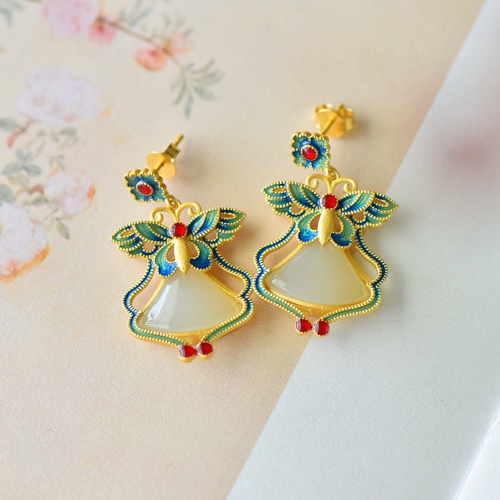 Goldkingdom Fashion Perhiasan Aksesoris Ready Stock Anting Kupu-Kupu Emas Asli Kadar 375 Kuno Bertatahkan Dengan Kalung Giok Hotan Wanita Anting Gaya Retro Mode Baru Etnik Butterfly Suit