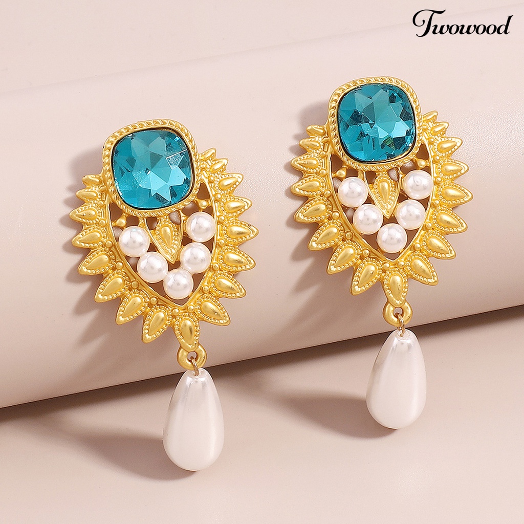 Twowood 1pasang Anting Pejantan Gaya Perancis Berlian Imitasi Biru Retro Medieval Elegan Faux Pearl Drop Earrings Fashion Jewelry