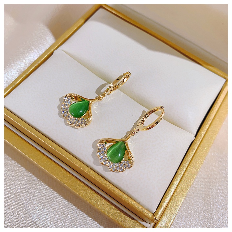 Anting Tiktok Opal Ginkgo Anting Daun Desain Segar Ear Clip Eardrop Anting Anggun Baru