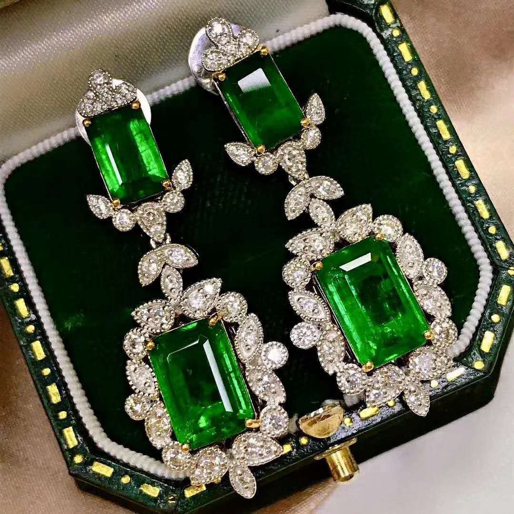 Goldkingdom Fashion Perhiasan Aksesoris Ready Stock Mewah Bertatahkan Natural Emerald Princess Square Berlian Anting Eropa Dan Amerika Engagement Party Earrings Earrings Perempuan