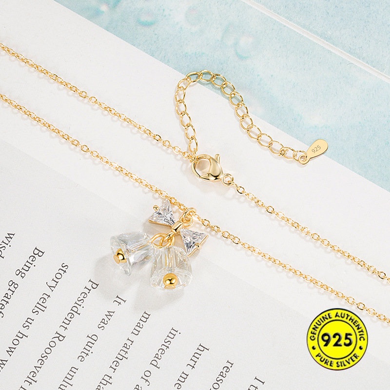 S925 Perak Kristal Busur Bell Kalung Manis Elegance Pendant U1591