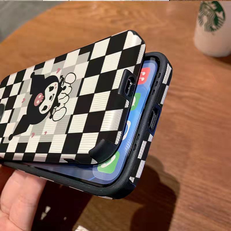 【Lamb Skin】Black and White Checked Kuromi Soft Case for IPhone 6S 7 Plus 8 Plus X XS XR XS Max 11 13 12 14 PRO Max 14 Plus 12 13 Mini Camera Protect Women's Fashion Anime Cartoon