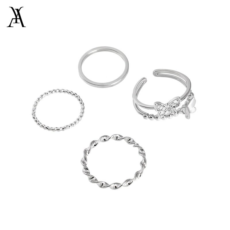 AY(CN) 4pcs / Set Cincin Desain Kupu-Kupu Aksen Kristal Warna Silver Gaya Korea Untuk Wanita