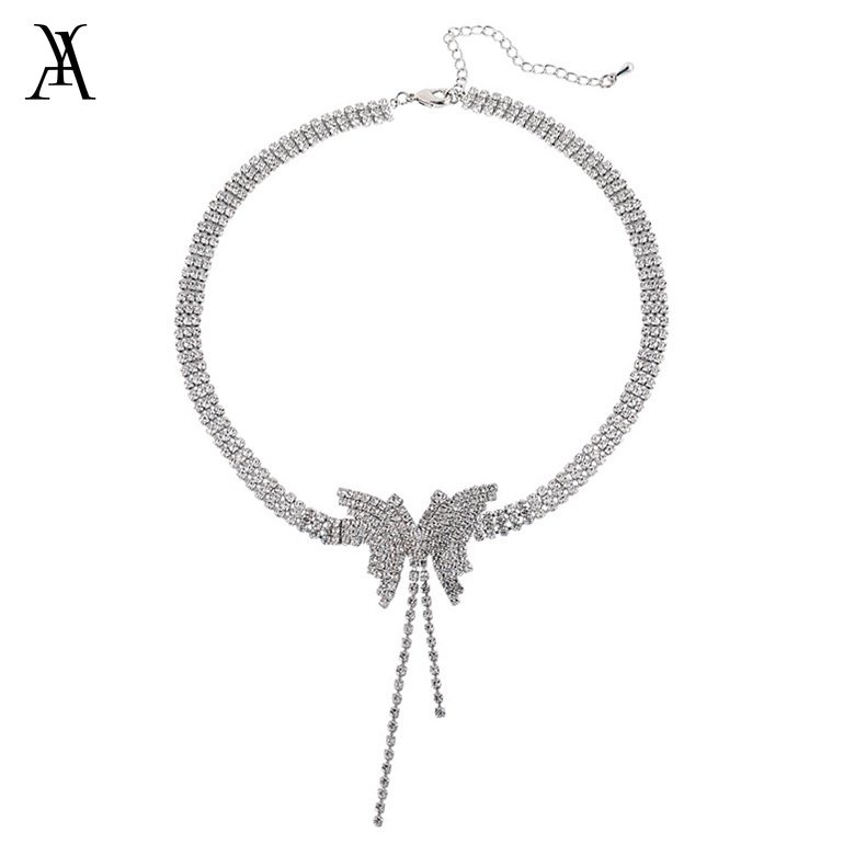 AY(CN) Fashion Butterfly Rumbai Kalung Choker Rantai Kristal Perak Untuk Aksesoris Perhiasan Wanita