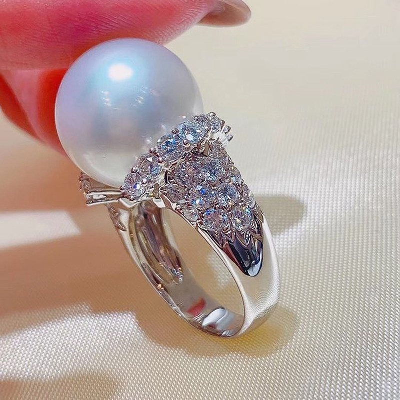 Penuh Bling Es Batu Cubic Zirconia Simulasi Mutiara Wanita Cincin Kualitas Tinggi Warna Perak Pernikahan Rings Mewah Fashion Baru Perhiasan