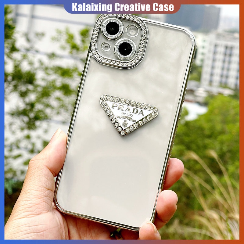 Casing Ponsel Prada Bertabur Berlian Untuk iPhone 14 Pro Max 13 Pro 12 Pro 11 Pro Max Transparan Plating Soft Casing Cover Belakang