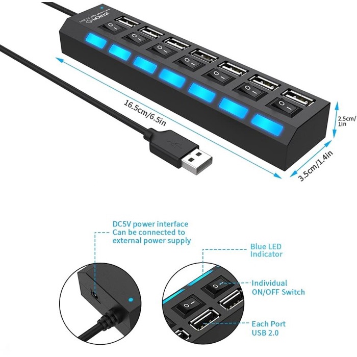 USB Hub 7 Port Output Switch On LED 2.0 PC Laptop USB Slot Extension