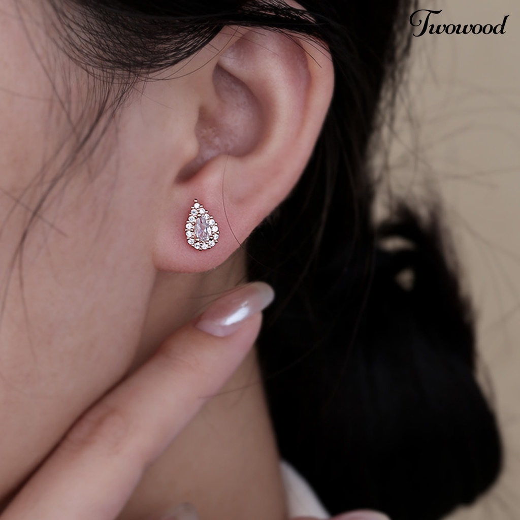 Twowood 1pasang Ear Studs Vintage Temperamen Shiny Cubic Zirconia Hias Electroplating Dress Up Hadiah Wanita Gadis Tetesan Air Stud Earrings Perhiasan Aksesoris