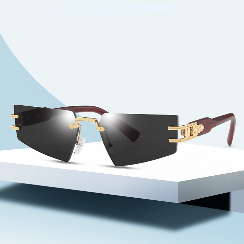 (YUZHU) Hip Hop Gaya Punk Frameless Serat Kayu Kaki Kacamata Hitam Wanita Mode Barat High End Sense Shaped Sunglasses