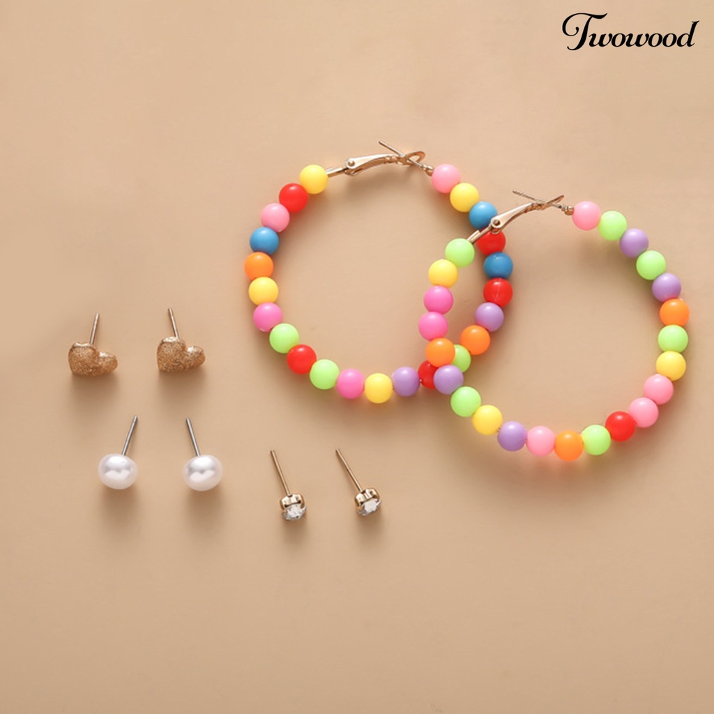 Twowood 6pasang Wanita Anting Multicolor Manik-Manik Mini Berlian Imitasi Bertatahkan Paduan Perhiasan Temperamen Telinga Dekorasi Geometris Hoop Earrings Studs Set Aksesoris Pakaian Pesta