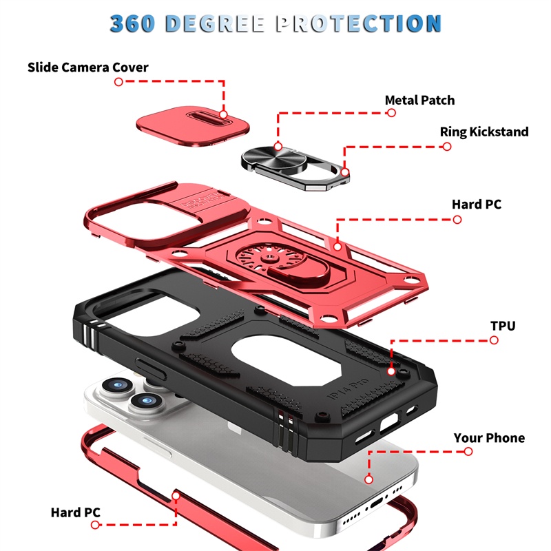 IPHONE 3 &amp;1 Hard PC+TPU Full Cover Untuk Iphone14 13 12 11 Pro X XS Max 14 8 7 6 Plus XR 360° Bracket Push Window Lensa Casing Belakang