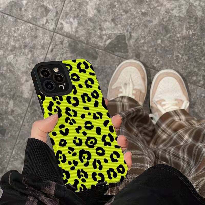 【Lamb Skin】City Girl Soft Case for IPhone 6S 7 Plus 8 Plus X XS XR XS Max 11 13 12 14 PRO Max 14 Plus 12 13 Mini Camera Protect Fluorescent Green Leopard Pattern