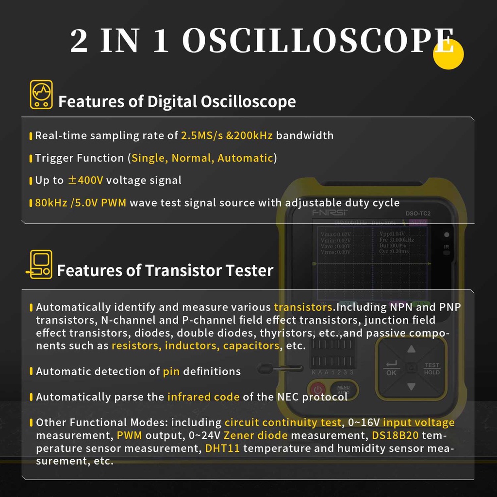 (BISA COD) FTIHSHP FNIRSI 2in1 Transistor Tester &amp; Digital Oscilloscope Handheld - DSO-TC2